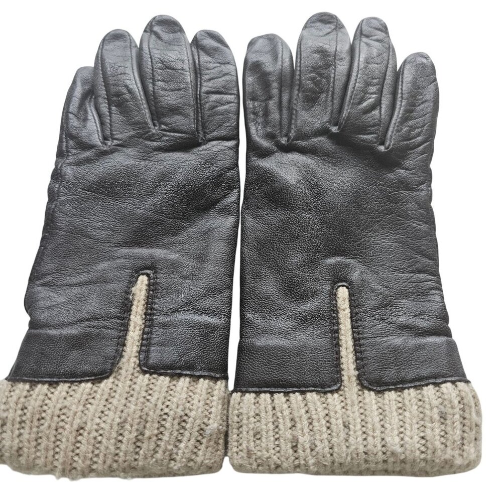 Danier Brown Leather Gloves With Knit Cuff Genuine Leather Polyester Lining Wint